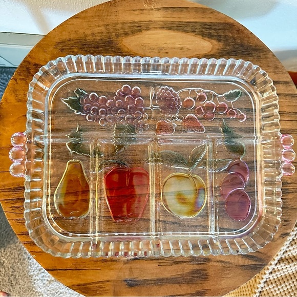 Vintage Pressed Indiana Glass 5-Section Fruit Design Relish Tray Serving Platter - Picture 4 of 13